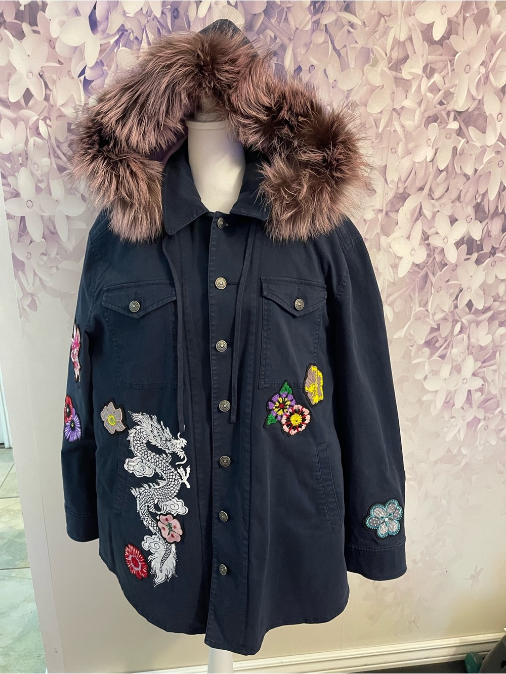 Cinq&Sept Women’s Navy Blue Embroidered Jacket with Genuine Silver Fox Fur Hood